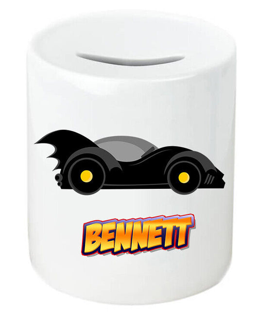 Personalised Any Name Bat Mobile Savings Children Funny Money Box Printed Gift