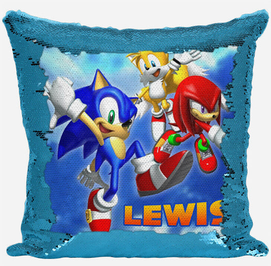 Personalised Sonic Hedgehog Any Name Magic Reveal Blue Sequin Cushion Cover 3