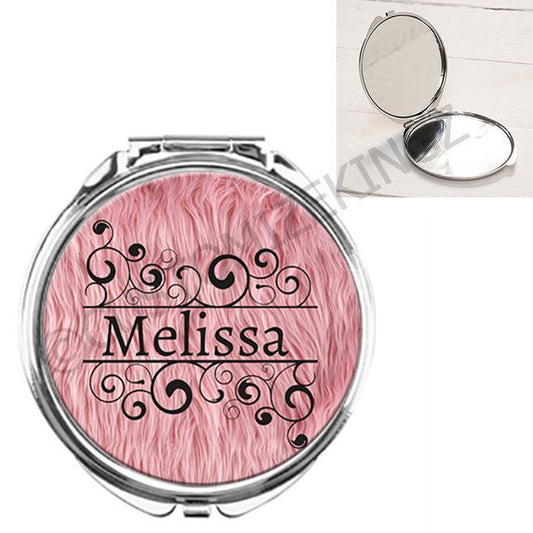 PERSONALISED NAME ON PINK FUR GIRLY HANDBAG POCKET MAKEUP COMPACT MIRROR