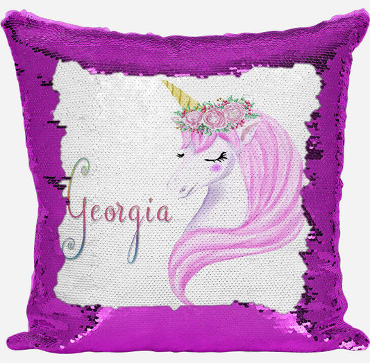 Personalised Unicorn Design Any Name Magic Reveal Pink Sequin Cushion Cover 1
