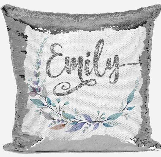 Personalised Floral Any Name Magic Reveal Silver Sequin Cushion Cover Gift