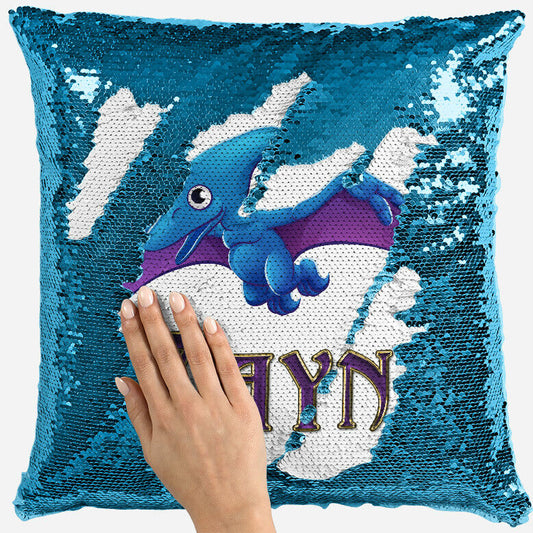 Personalised Dinosaur Design Any Name Magic Reveal Blue Sequin Cushion Cover 9