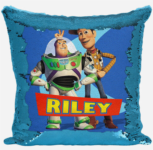Personalised Toy Story Design Any Name Magic Reveal Blue Sequin Cushion Cover 3