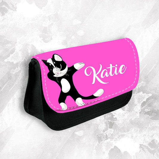 Personalised Any Name Cat Dab Pencil Case Make Up Bag School Kids Stationary