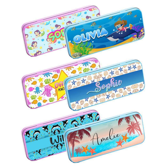 Personalised Any Name Animal Pencil Case Tin Children School Kids Stationary 19