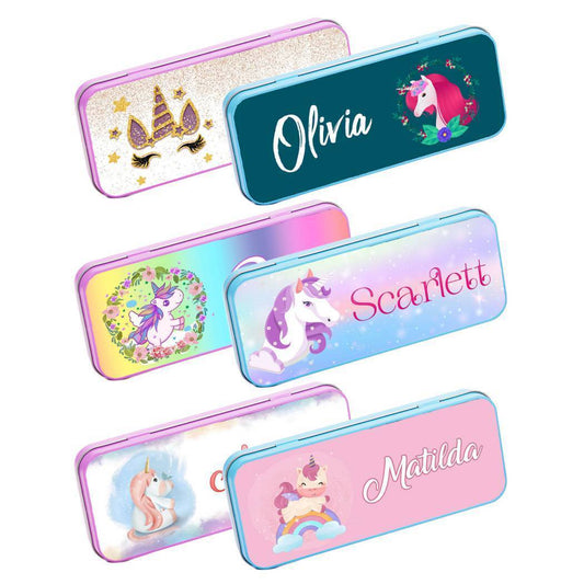 Personalised Any Name Unicorn Pencil Case Tin Children School Kids Stationary 35