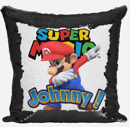 Personalised Super Mario Any Name Magic Reveal Black Sequin Cushion Cover Gift 3
