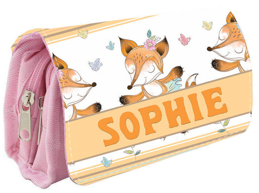 Personalised Pink Any Name Fox Pencil Case Make Up Bag School Kids Stationary
