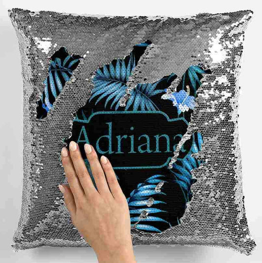 Personalised Any Name Floral Design Magic Silver Sequin Cushion Cover 221