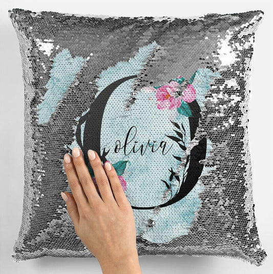 Personalised Floral  Any Name Magic Reveal Silver Sequin Cushion Cover Gift 61