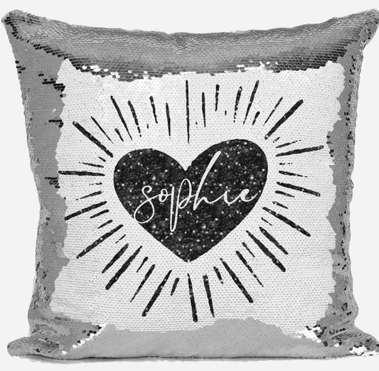 Personalised Heart Any Name Magic Reveal Silver Sequin Cushion Cover Gift 2