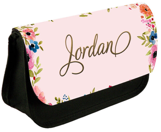 Personalised Any Name Floral Black Pencil Case Bag School Kids Stationary 276