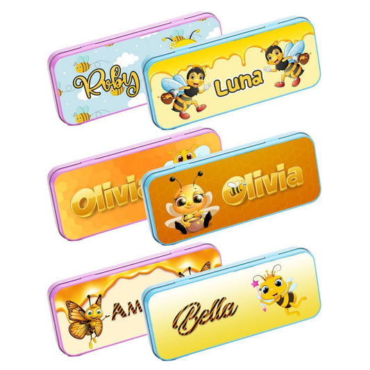 Personalised Any Name Bee Pencil Case Tin Children School Kids Stationary 28
