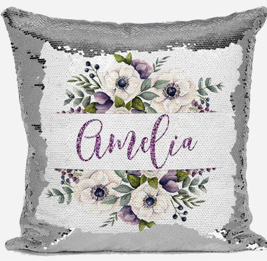 Personalised Floral Design Any Name Magic Reveal Silver Sequin Cushion Cover 27
