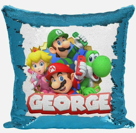 Personalised Super Mario Any Name Magic Reveal Sequin Cushion Cover Gift 1
