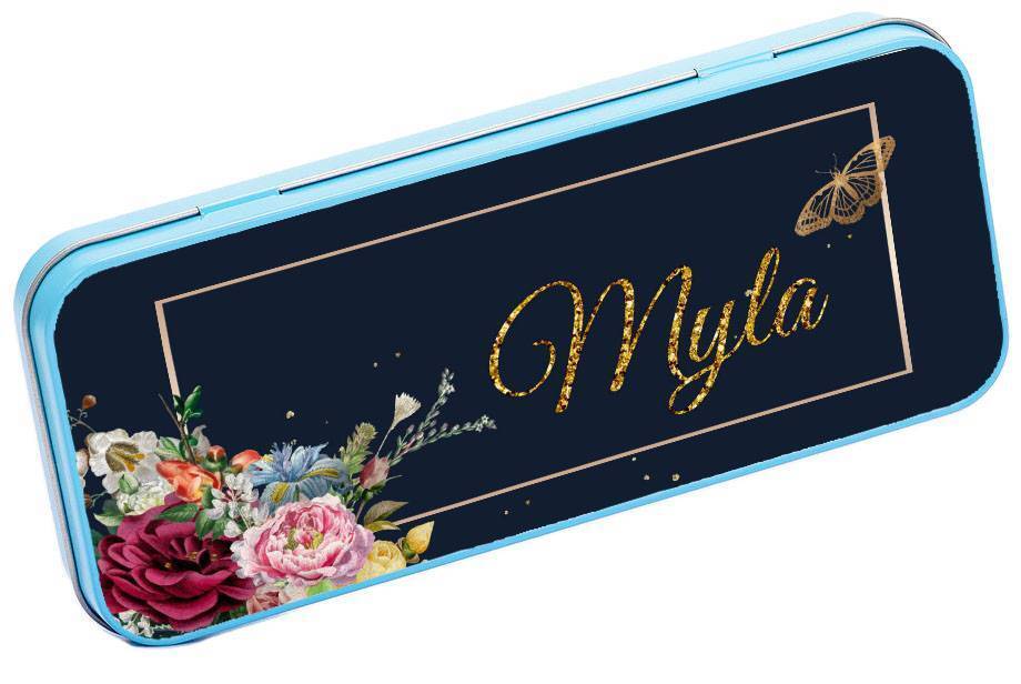 Personalised Any Name Floral Pencil Case Tin Children School Kids Stationary 33