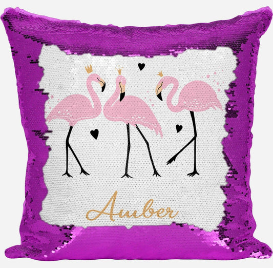 Personalised Flamingo Any Name Magic Reveal Sequin Cushion Cover Gift Pink