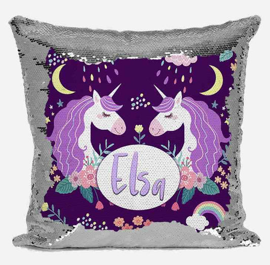 Personalised Any Name Unicorn Design Magic Silver Sequin Cushion Cover 134