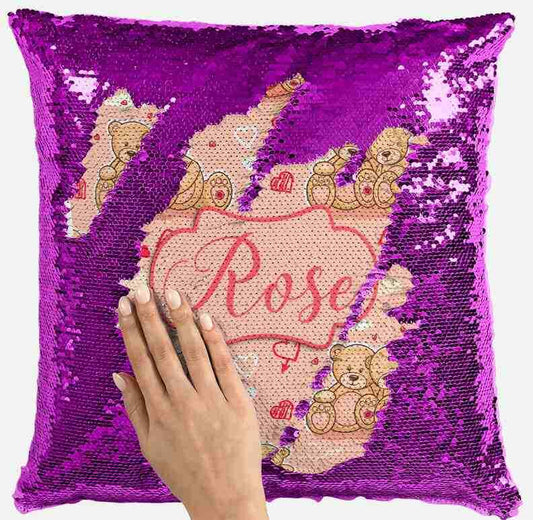 Personalised Any Name Bear Design Magic Pink Sequin Cushion Cover 273