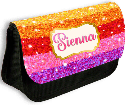 Personalised Any Name Glitter Black Pencil Case Bag School Kids Stationary 57