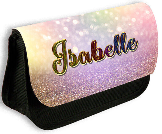 Personalised Any Name Glitter Black Pencil Case Bag School Kids Stationary 58