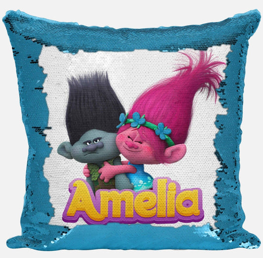 Personalised Trolls Any Name Magic Reveal Sequin Cushion Cover Gift