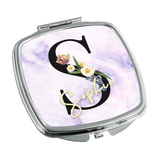 Personalised Any Name Floral Design Square Pocket Folding Mirror Travel 3