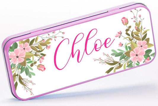 Personalised Any Name Floral Pencil Case Tin Girls School Kids Stationary
