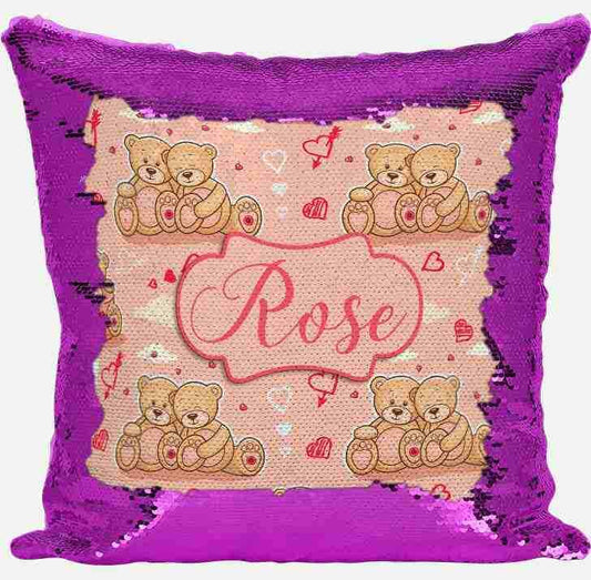 Personalised Any Name Bear Design Magic Pink Sequin Cushion Cover 273