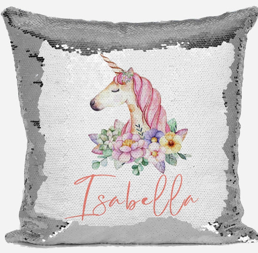 Personalised Unicorn Any Name Magic Reveal Silver Sequin Cushion Cover Gift 5