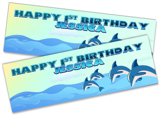 x2 Personalised Birthday Banner Dolphin Children Kids Party Decoration Poster