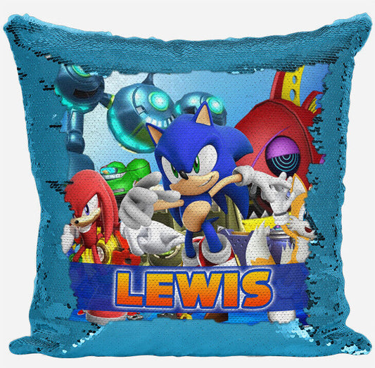 Personalised Sonic Hedgehog Any Name Magic Reveal Blue Sequin Cushion Cover