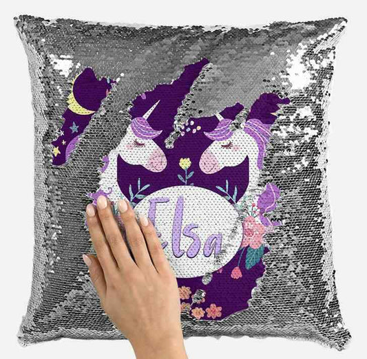 Personalised Any Name Unicorn Design Magic Silver Sequin Cushion Cover 134