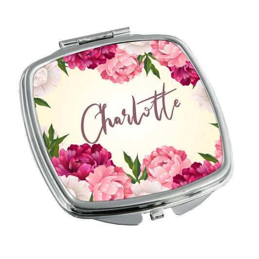 Personalised Any Name Floral Design Square Pocket Folding Mirror Travel 16
