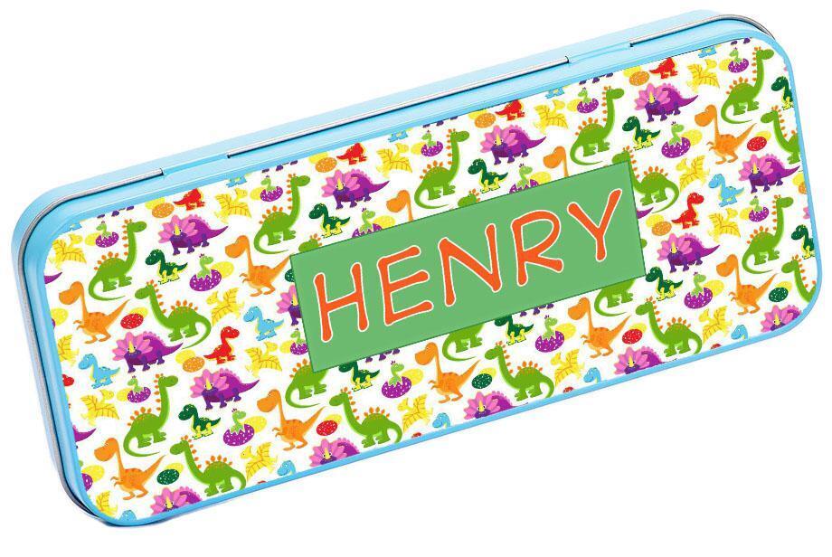 Personalised Any Name Dinosaur Pencil Case Tin Children School Kids Stationary 7