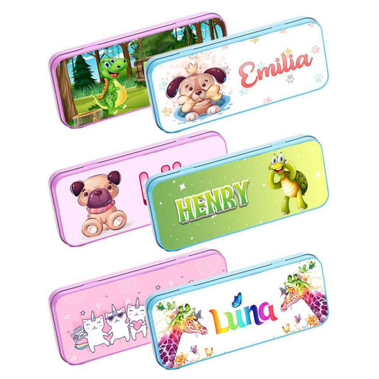 Personalised Any Name Animal Pencil Case Tin Children School Kids Stationary 24