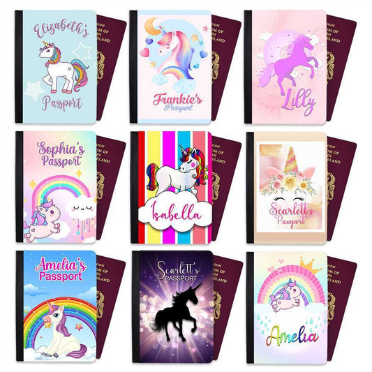 Personalised Unicorn kids Passport Cover Holder Any Name Holiday Accessory 32