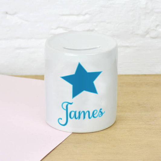 Personalised Any Name Star Boys Kids Childrens Money Box Printed Gift Saving