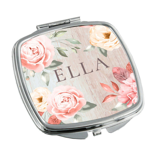 Personalised Any Name Floral Design Square Pocket Folding Mirror Travel 21