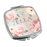 Personalised Any Name Floral Design Square Pocket Folding Mirror Travel 21