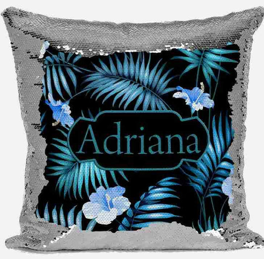 Personalised Any Name Floral Design Magic Silver Sequin Cushion Cover 221