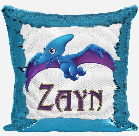 Personalised Dinosaur Design Any Name Magic Reveal Blue Sequin Cushion Cover 9