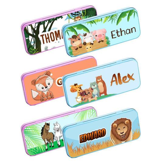 Personalised Any Name Jungle Pencil Case Tin Children School Kids Stationary 18