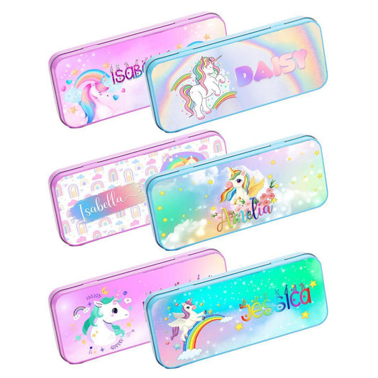Personalised Any Name Unicorn Pencil Case Tin Children School Kids Stationary 23