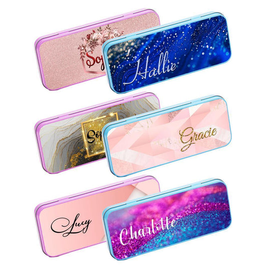 Personalised Any Name Marble Pencil Case Tin Children School Kids Stationary 22