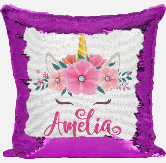 Personalised Unicorn Any Name Magic Reveal Sequin Cushion Cover Gift Pink 7