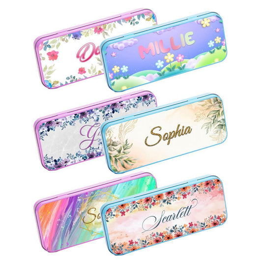 Personalised Any Name Floral Pencil Case Tin Children School Kids Stationary 20
