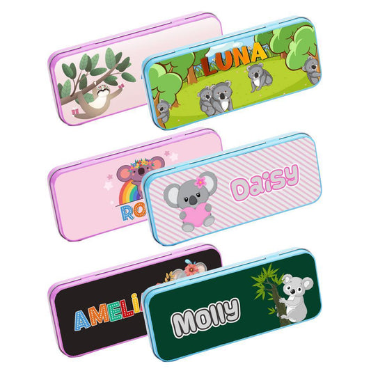 Personalised Any Name Koala Pencil Case Tin Children School Kids Stationary 21