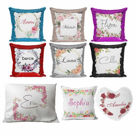 Personalised Cushion Floral Sequin Cushion Pillow Printed Birthday Gift 89