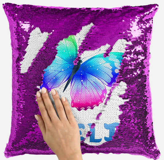Personalised Butterfly Any Name Magic Reveal Pink Sequin Cushion Cover Gift 1